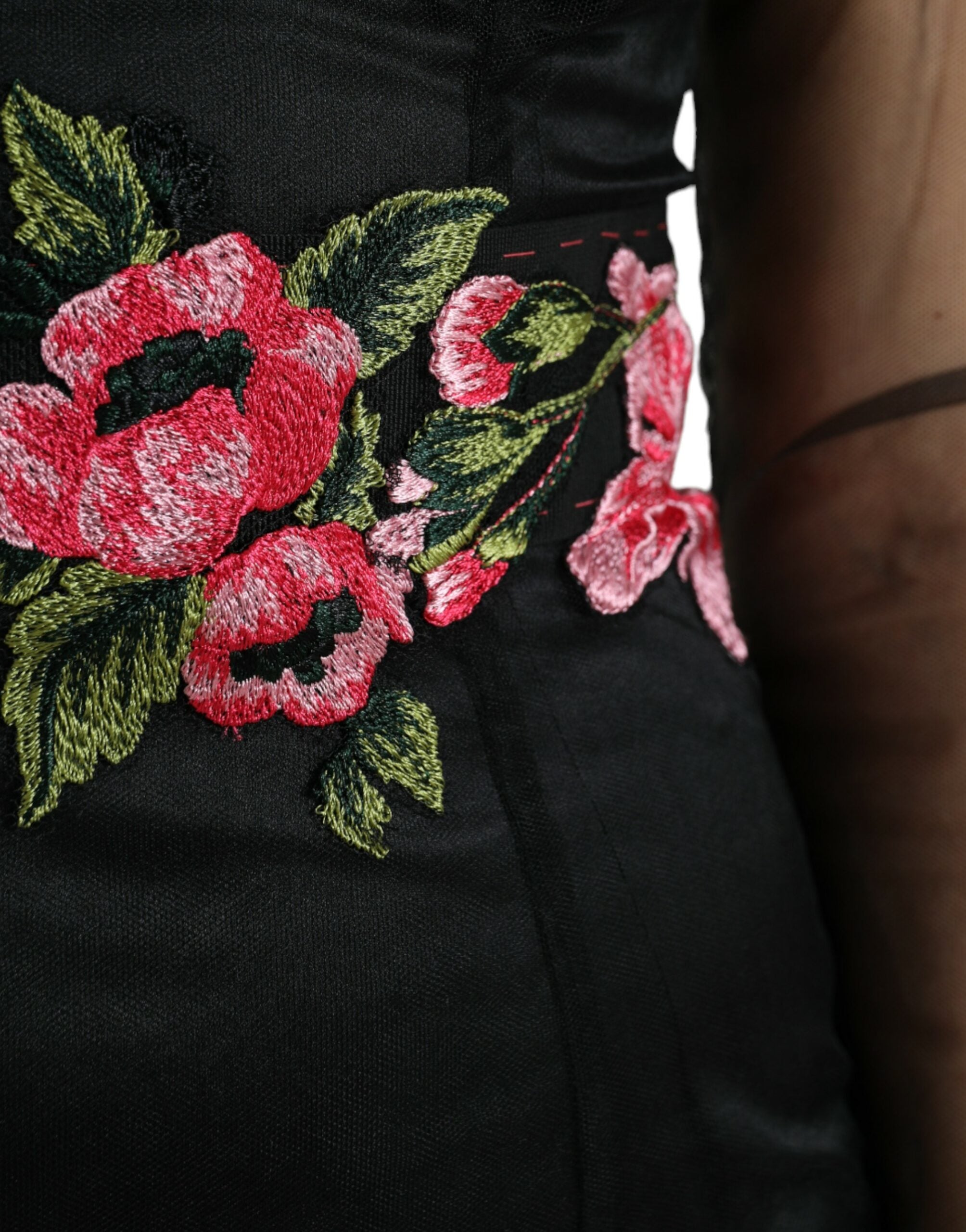 Black floral embroidery mesh tulle gown dress by Dolce & Gabbana featuring intricate floral embroidery and sheer mesh fabric.