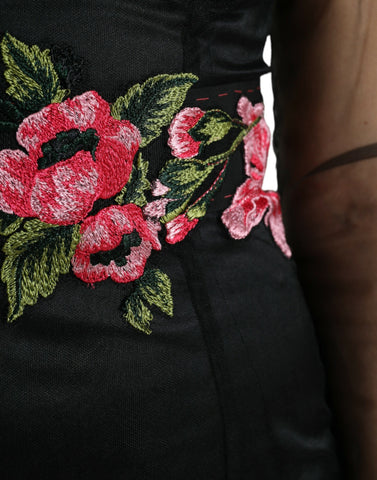Black floral embroidery mesh tulle gown dress by Dolce & Gabbana featuring intricate floral embroidery and sheer mesh fabric.