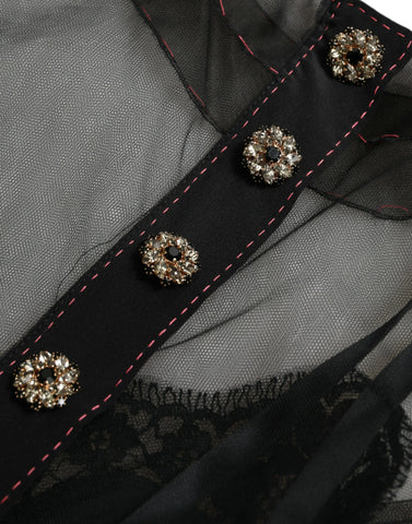 Black floral embroidery mesh tulle gown dress by Dolce & Gabbana, featuring intricate floral embroidery and sheer tulle fabric.
