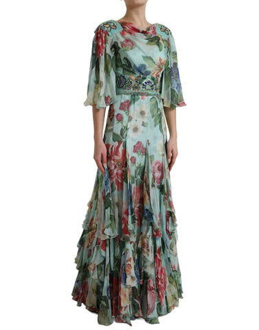 Blue floral print tiered long maxi dress by Dolce & Gabbana, featuring flowing fabric and a vibrant floral pattern.