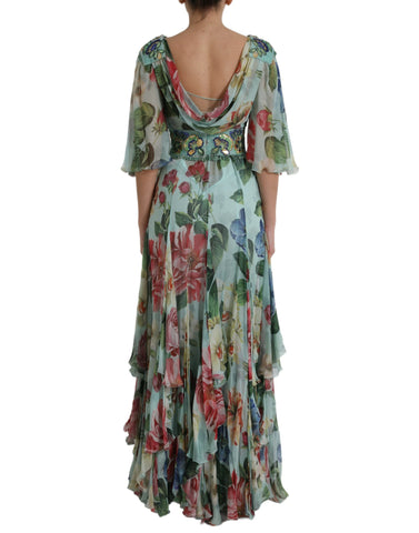 Blue floral print tiered long maxi dress by Dolce & Gabbana, featuring flowing fabric and intricate floral patterns.