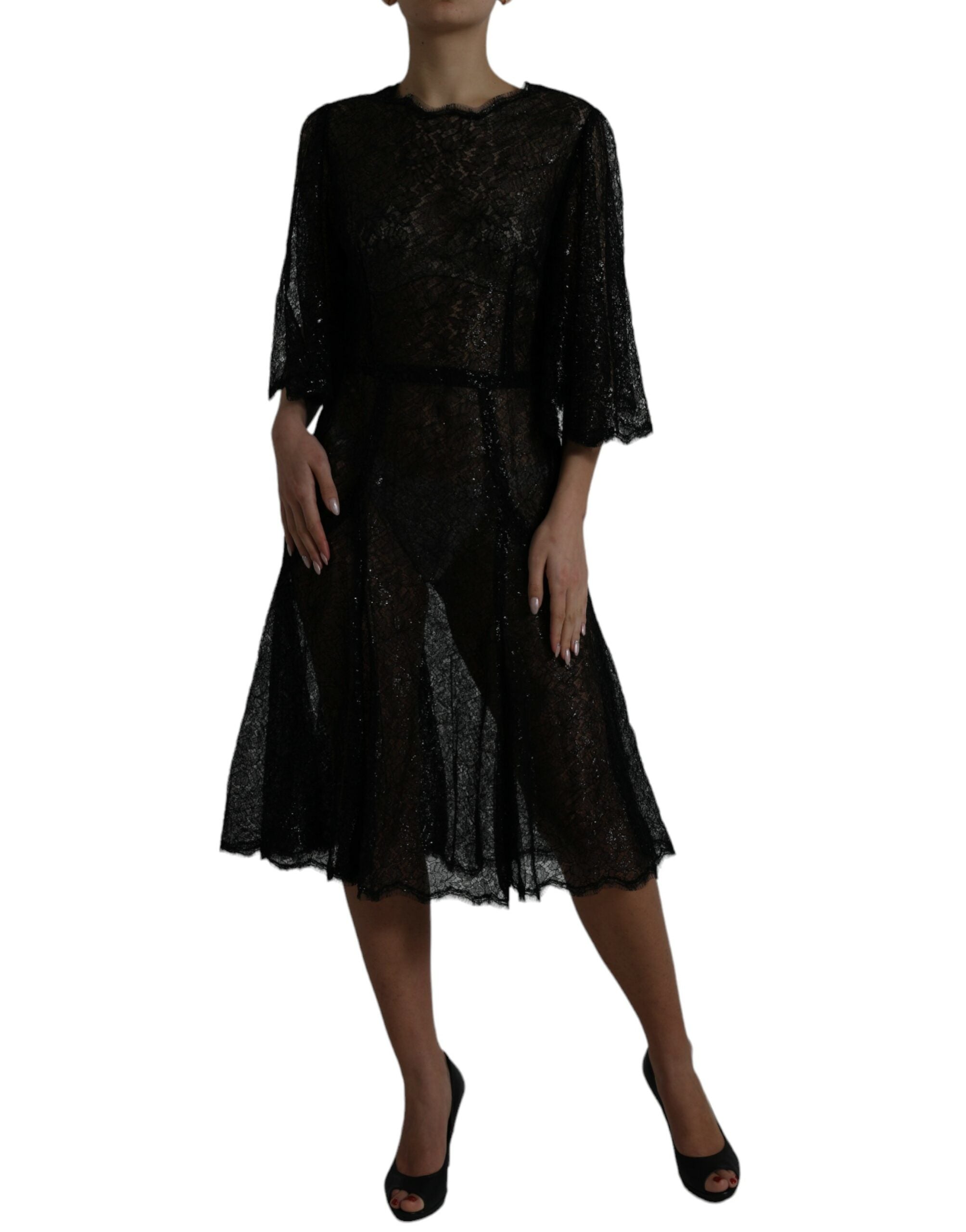 Black floral lace sheer A-line midi dress by Dolce & Gabbana, featuring intricate lace details and a flowing silhouette.