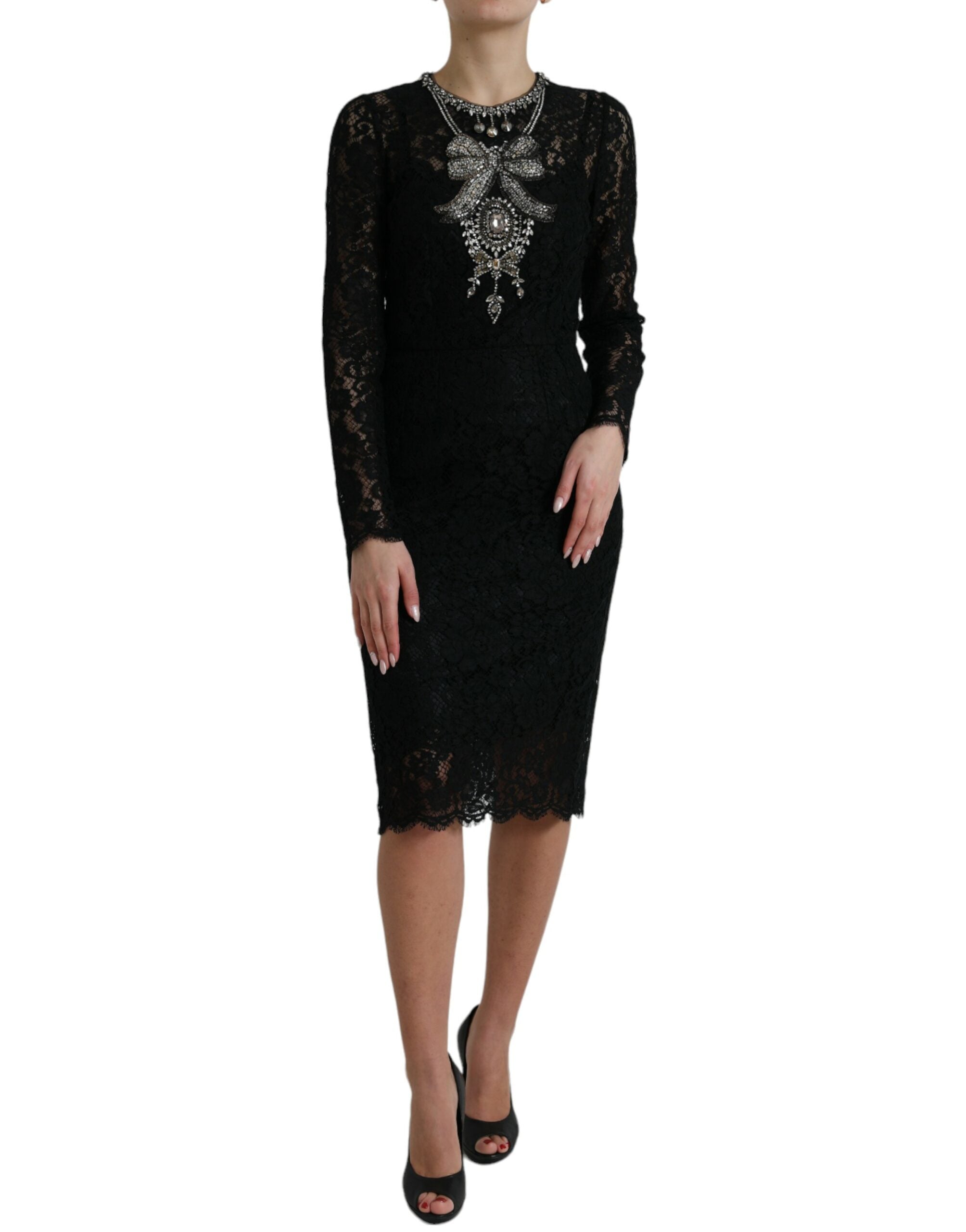 Black lace crystal-embellished sheath dress by Dolce & Gabbana, featuring intricate lace details and sparkling crystal accents.
