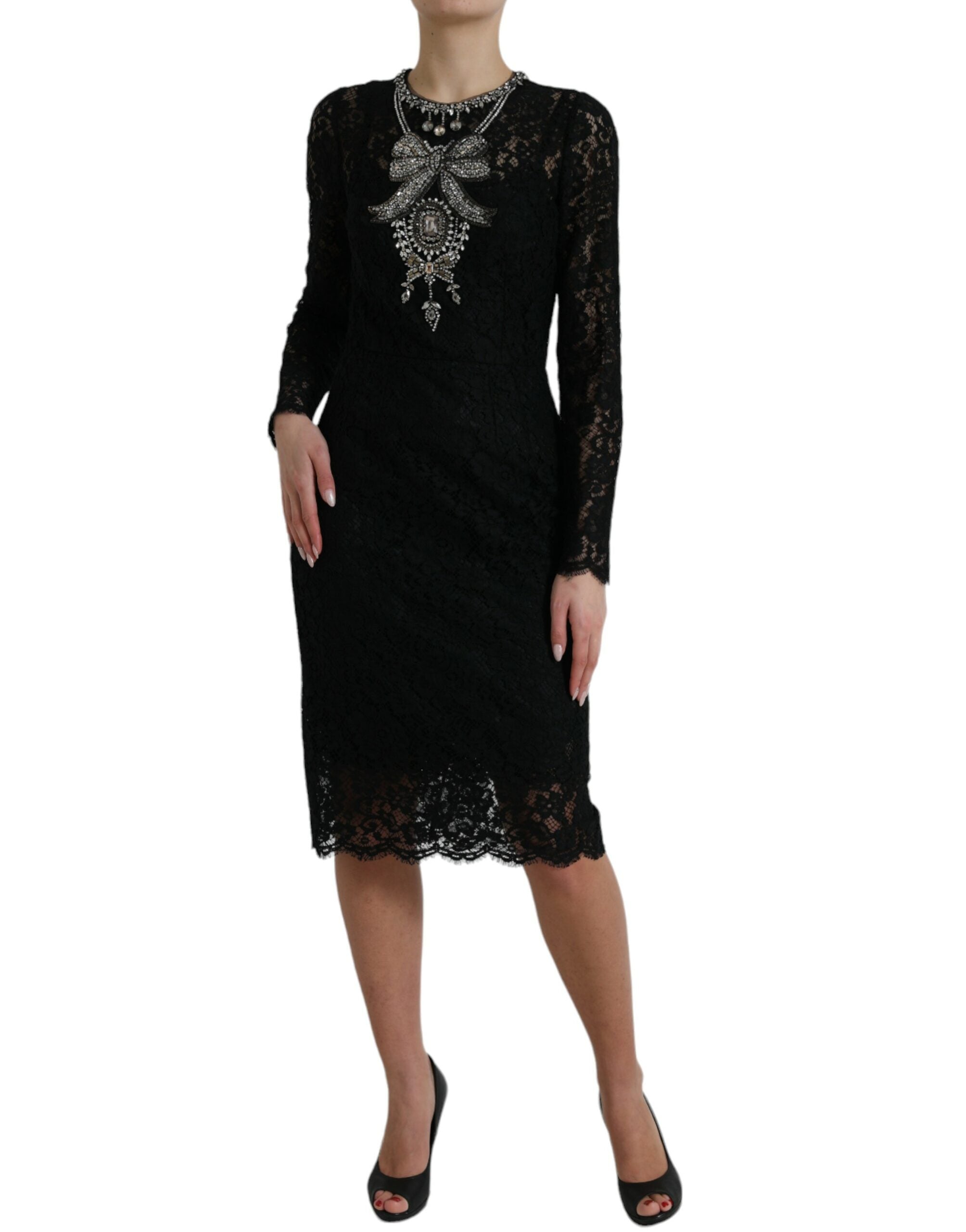 Black lace crystal-embellished sheath dress by Dolce & Gabbana, featuring intricate lace details and sparkling crystal accents.