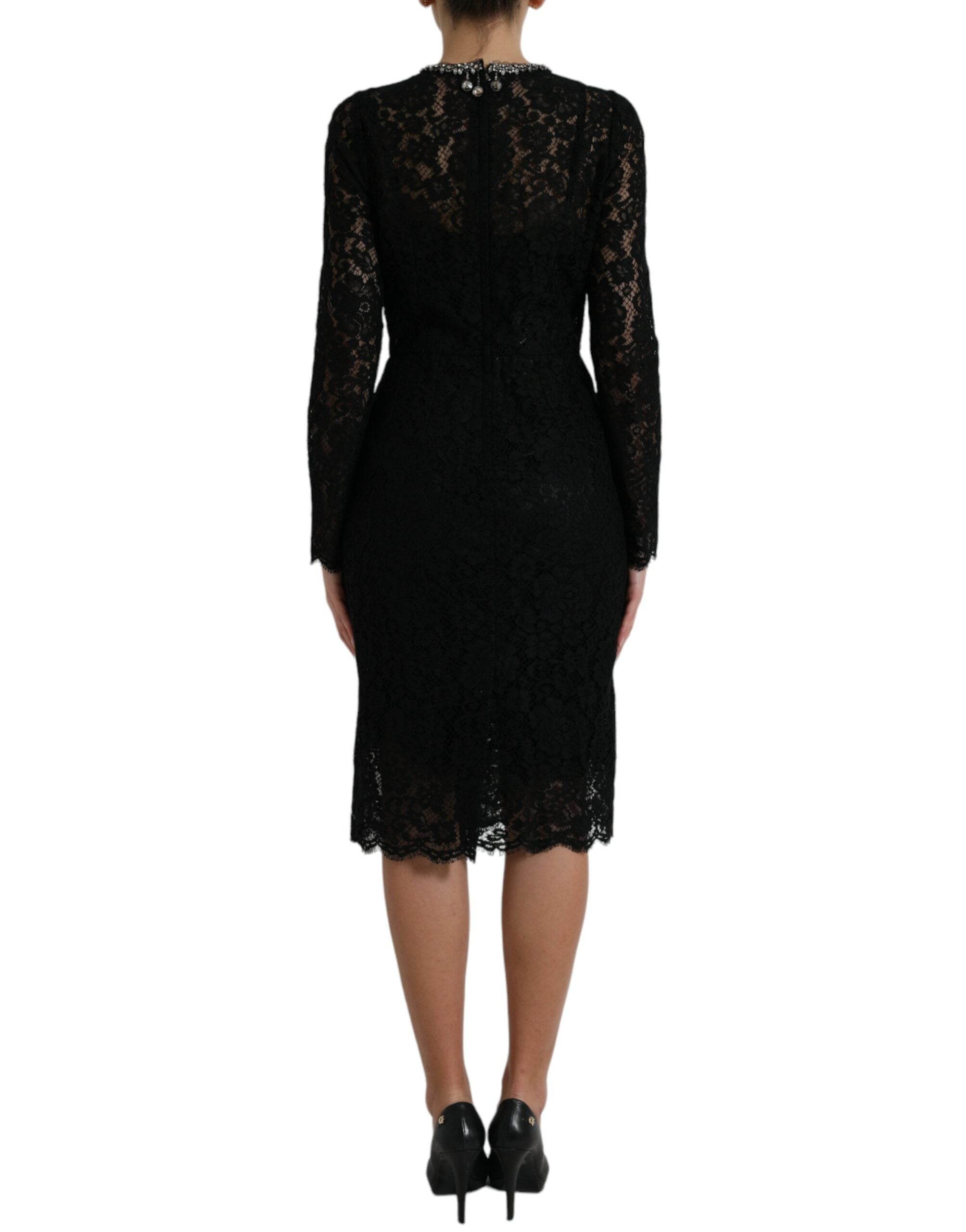 Black lace crystal-embellished sheath dress by Dolce & Gabbana with intricate lace detailing and sparkling crystal accents.