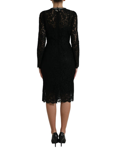 Black lace crystal-embellished sheath dress by Dolce & Gabbana with intricate lace detailing and sparkling crystal accents.