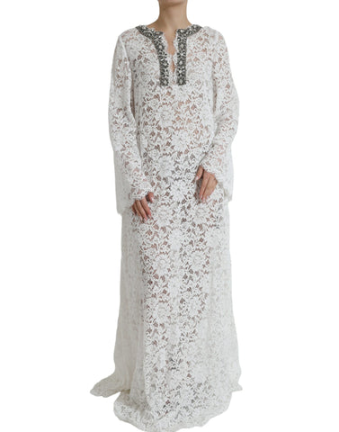 White lace shift dress by Dolce & Gabbana with crystal embellishments, featuring a sleek, elegant design and intricate lace details.