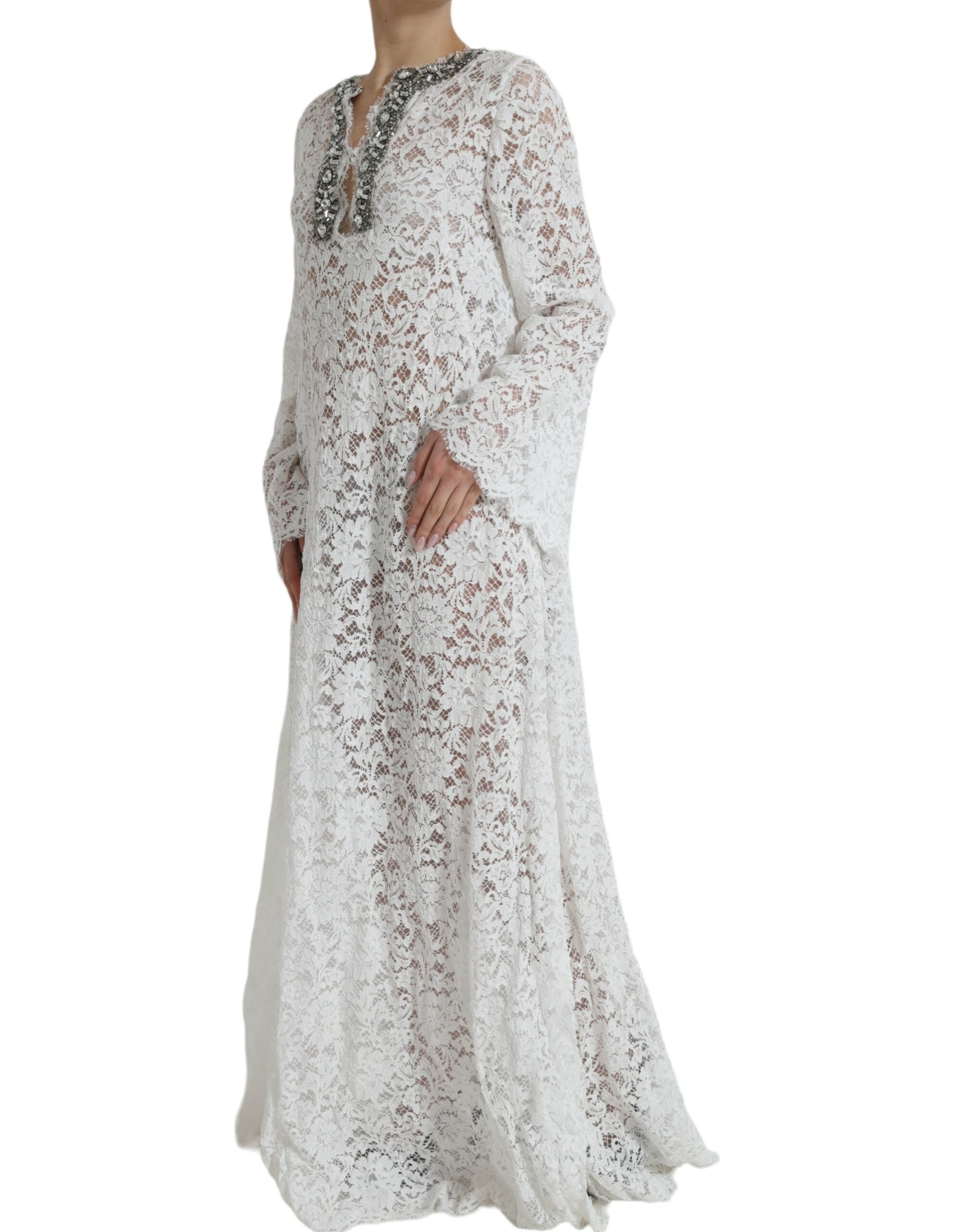 White lace shift dress by Dolce & Gabbana with crystal embellishments, featuring a classic fit and intricate lace detailing.
