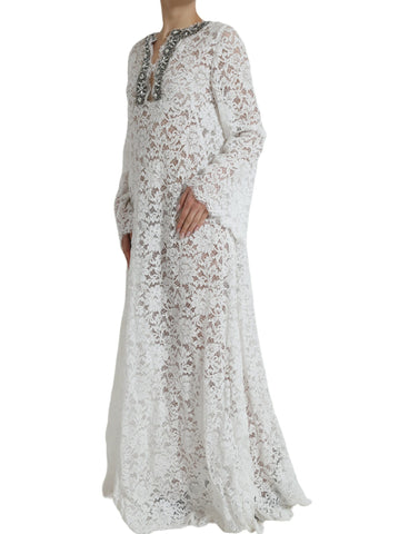 White lace shift dress by Dolce & Gabbana with crystal embellishments, featuring a classic fit and intricate lace detailing.