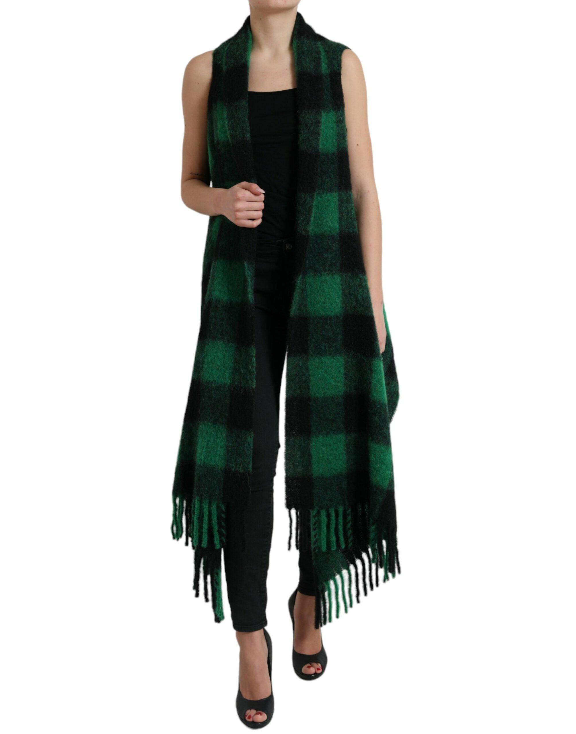 Black and green buffalo check poncho coat by Dolce & Gabbana, featuring a stylish, cozy jacket with a classic pattern and fringed edges.