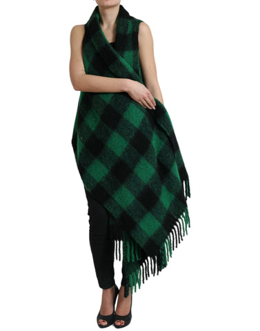 Dolce & Gabbana black and green buffalo check poncho coat jacket with a cozy, stylish design and fringed edges.