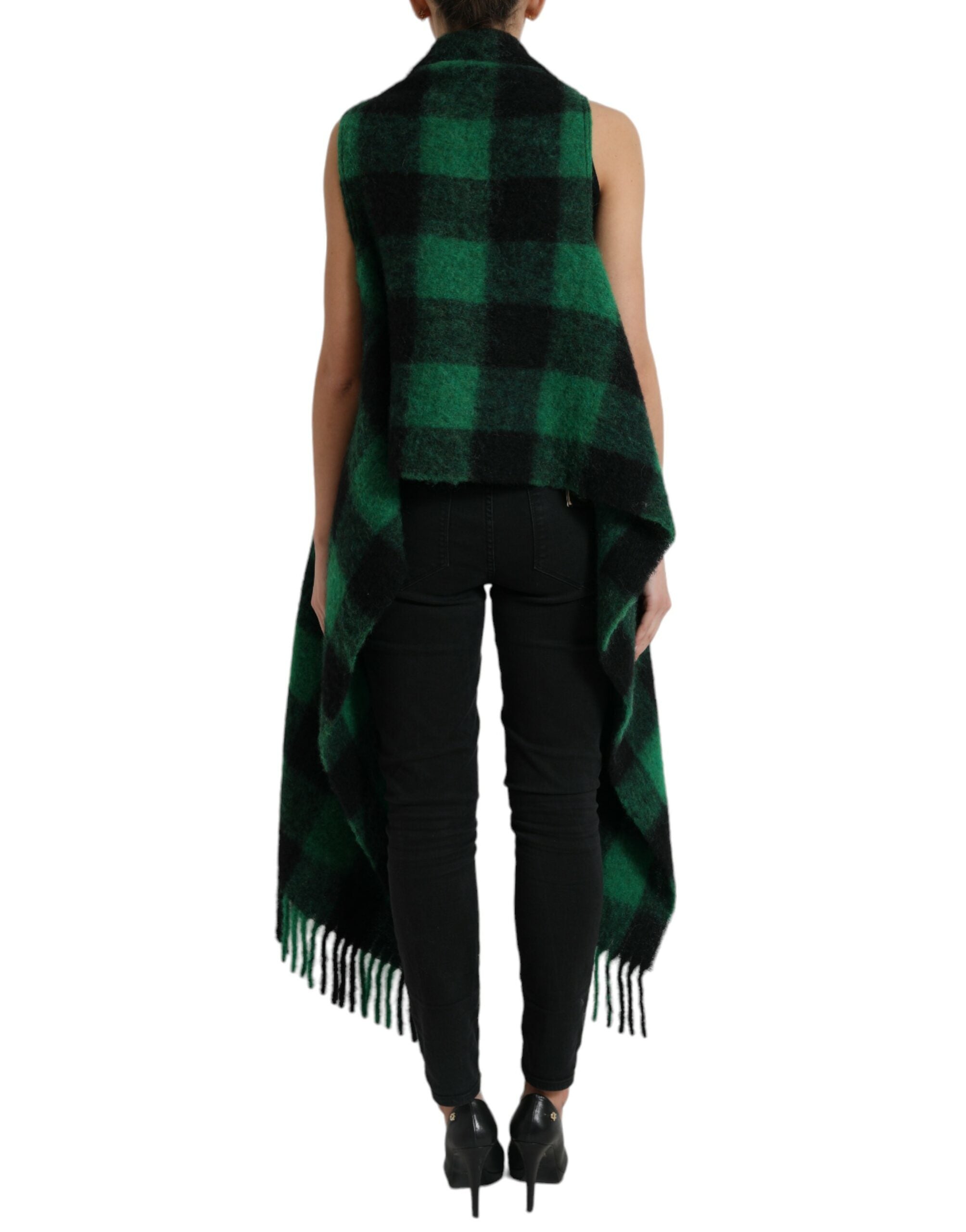 Black and green buffalo check poncho coat jacket by Dolce & Gabbana, featuring a stylish, oversized plaid design.