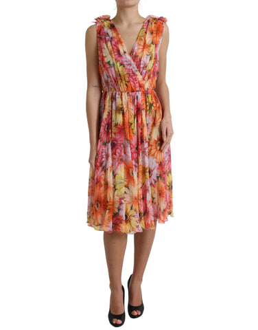 Multicolor sunflower print silk midi dress by Dolce & Gabbana, featuring a flowing design and vibrant floral pattern.