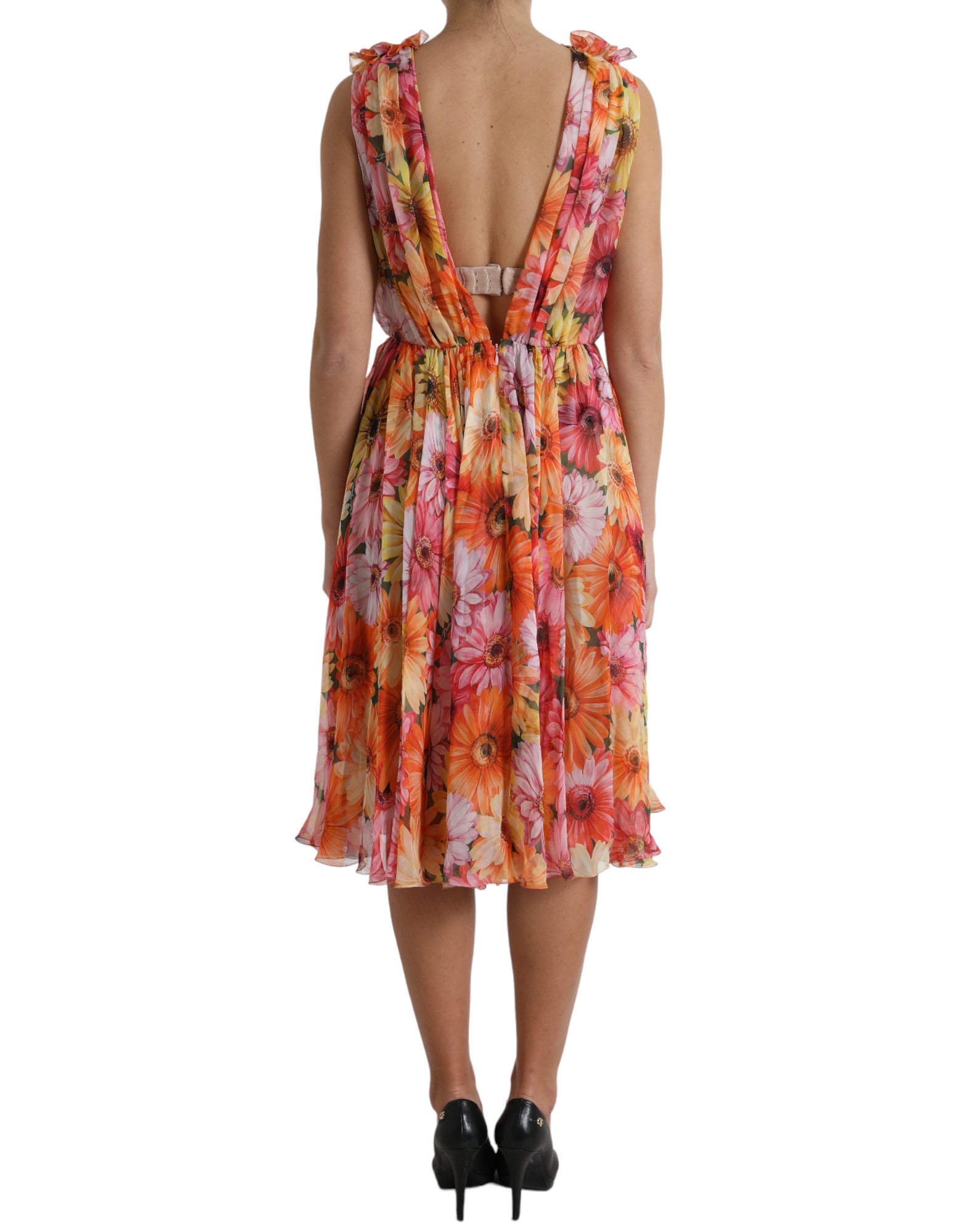 Multicolor sunflower print silk midi dress by Dolce & Gabbana, featuring a flowing silhouette and vibrant floral pattern.