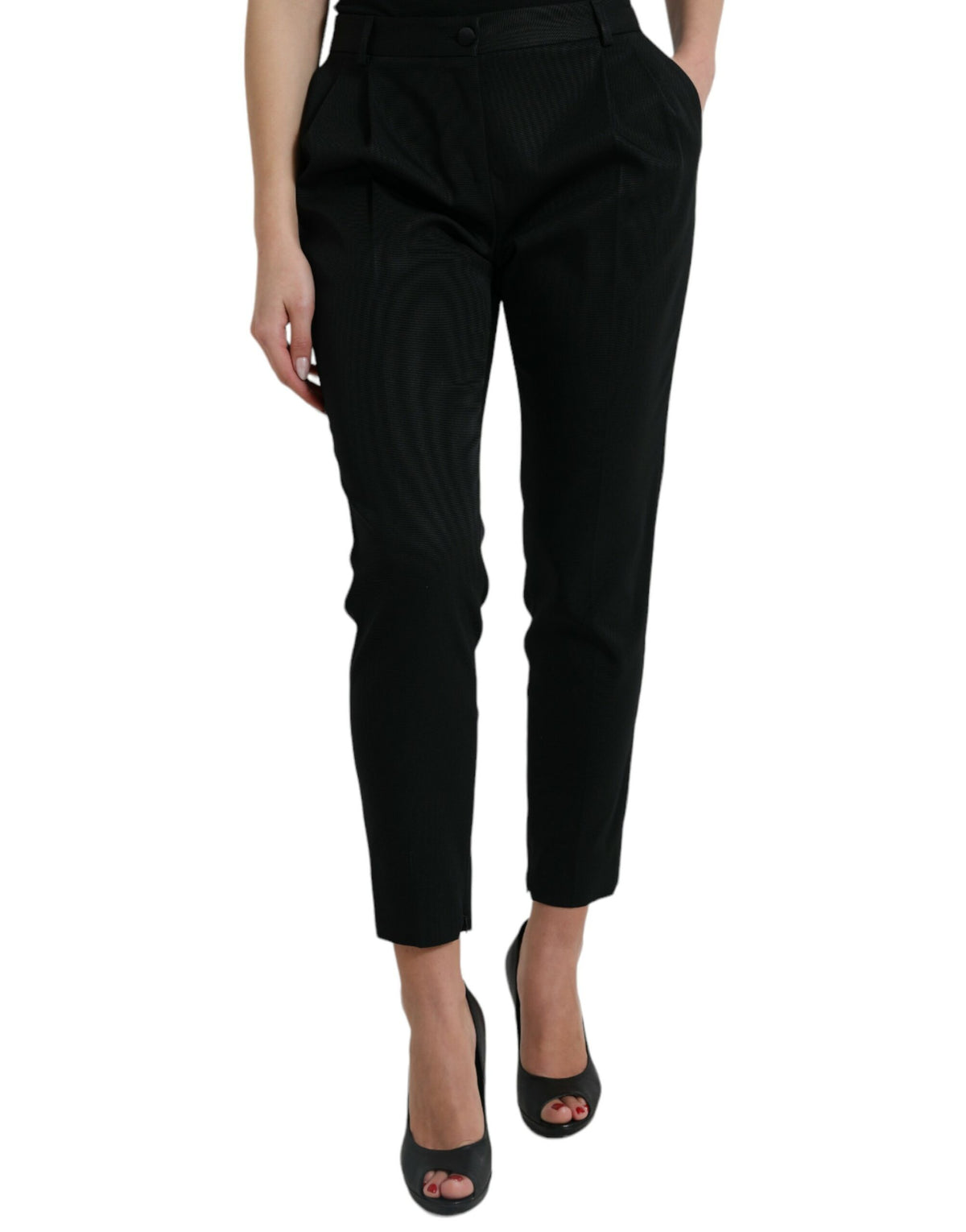 Black wool high-waist cropped tapered pants by Dolce & Gabbana, featuring a tailored fit and sleek design.
