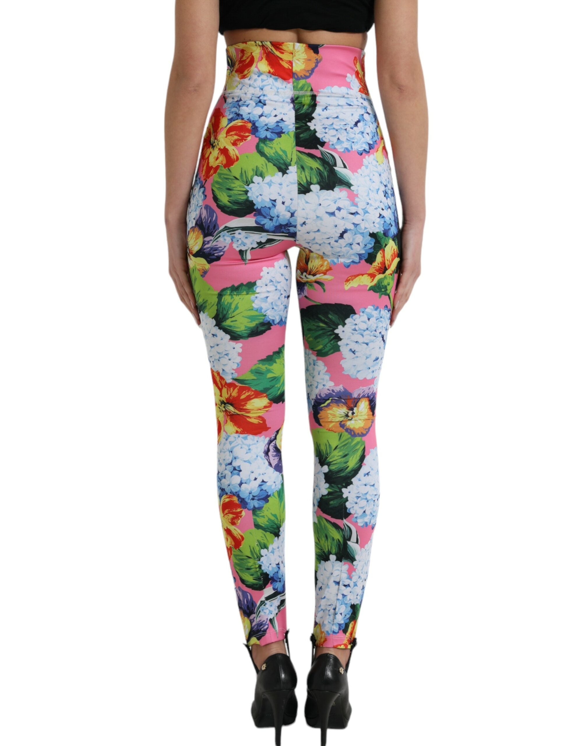 Multicolor floral high waist leggings by Dolce & Gabbana, featuring vibrant flower patterns and a comfortable fit.