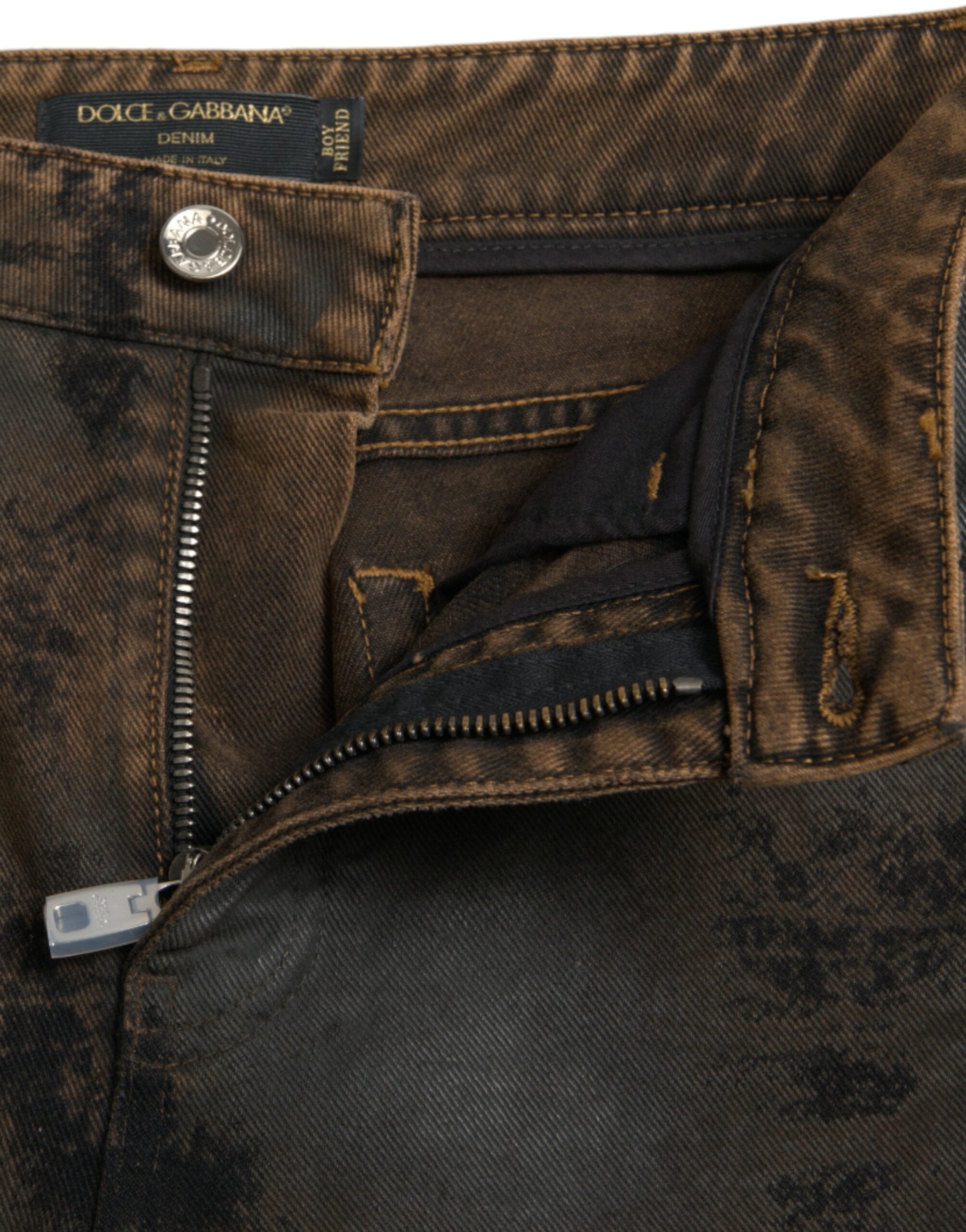 Brown Dolce & Gabbana boyfriend mid waist cotton denim jeans with classic five-pocket design and relaxed fit.