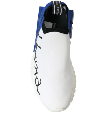White and blue Dolce & Gabbana Sorrento low top men's casual sneakers on a white background.