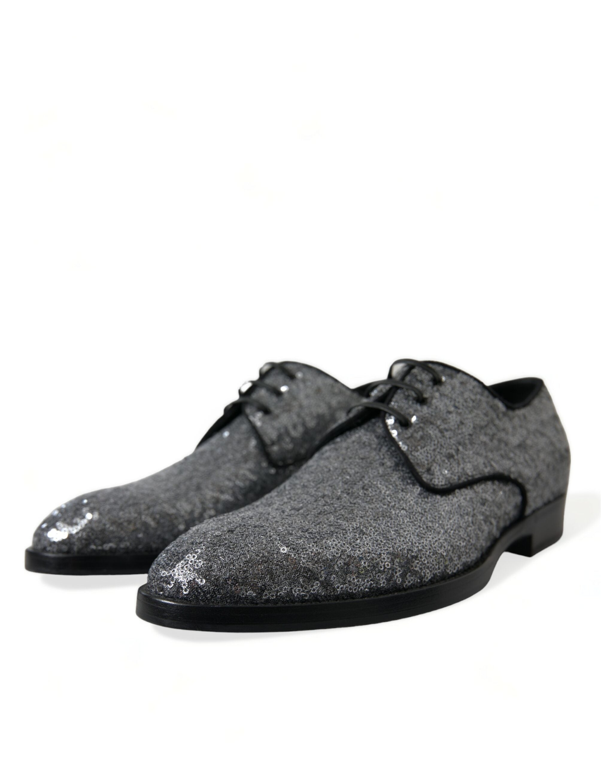 Silver sequined lace-up men's derby dress shoes by Dolce & Gabbana, featuring a stylish and shiny design.