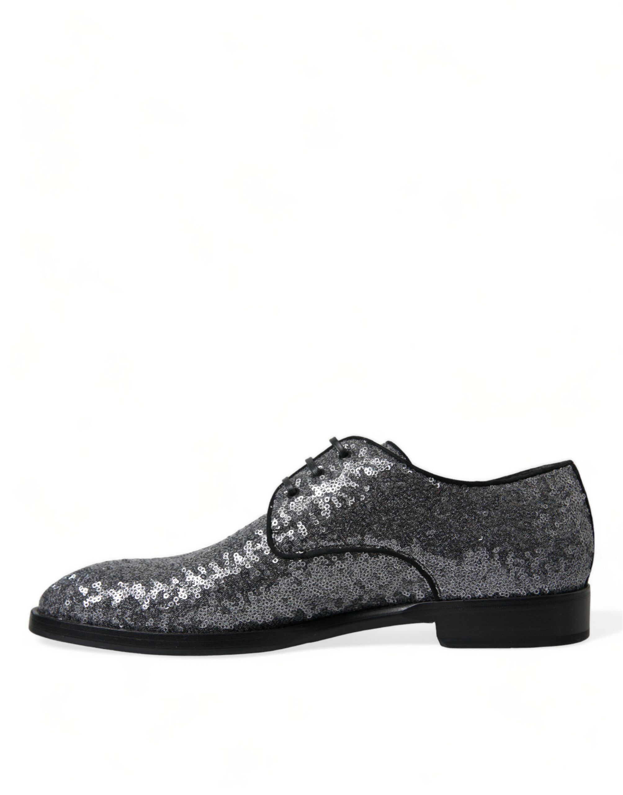 Silver sequined lace-up men's derby dress shoes by Dolce & Gabbana, featuring a polished finish and stylish design.