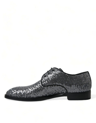 Silver sequined lace-up men's derby dress shoes by Dolce & Gabbana, featuring a polished finish and stylish design.