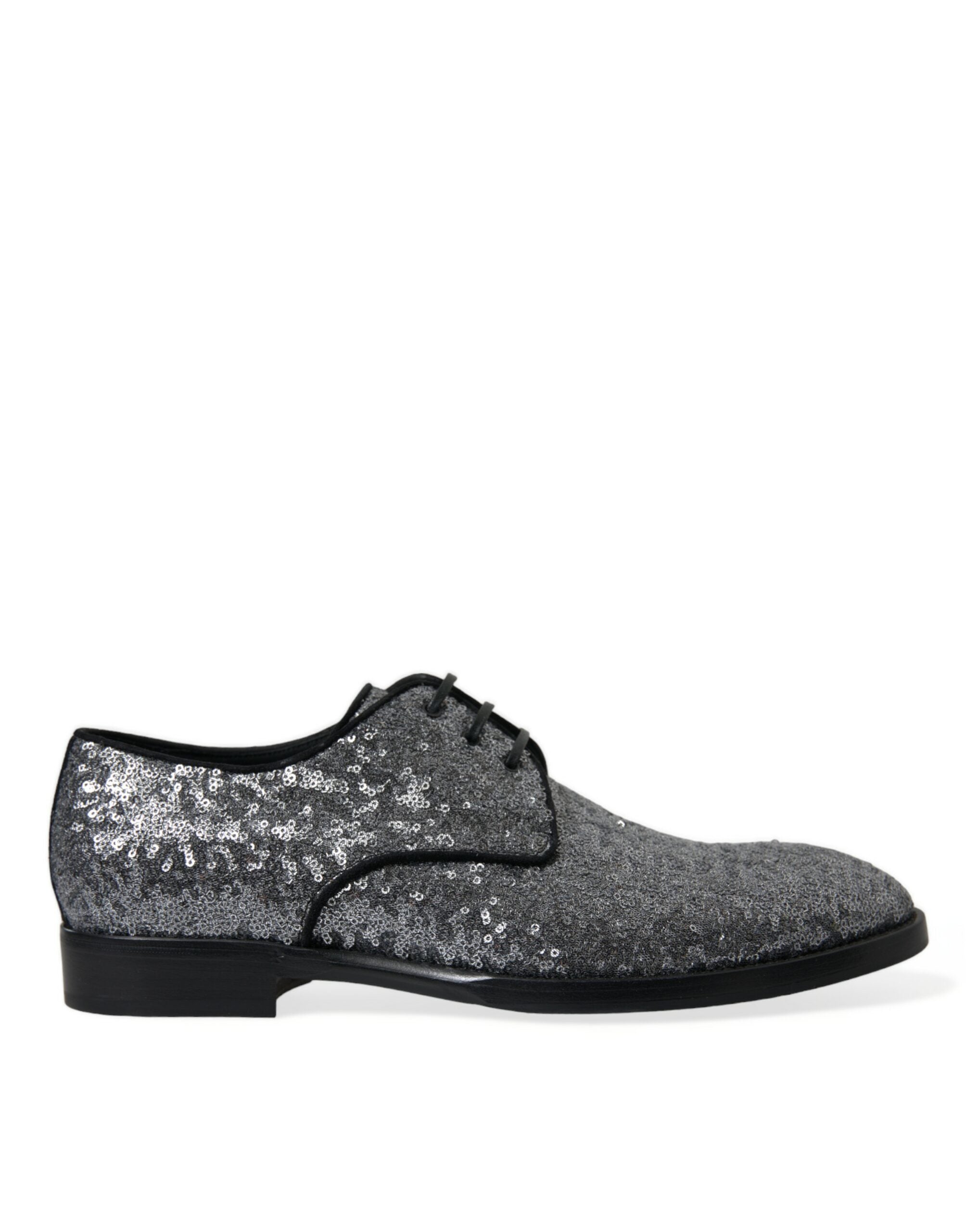 Silver sequined lace-up men's derby dress shoes by Dolce & Gabbana, featuring a shiny, stylish design with intricate detailing.