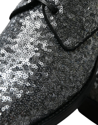Silver sequined lace-up men's derby dress shoes by Dolce & Gabbana with a polished finish and stylish design.