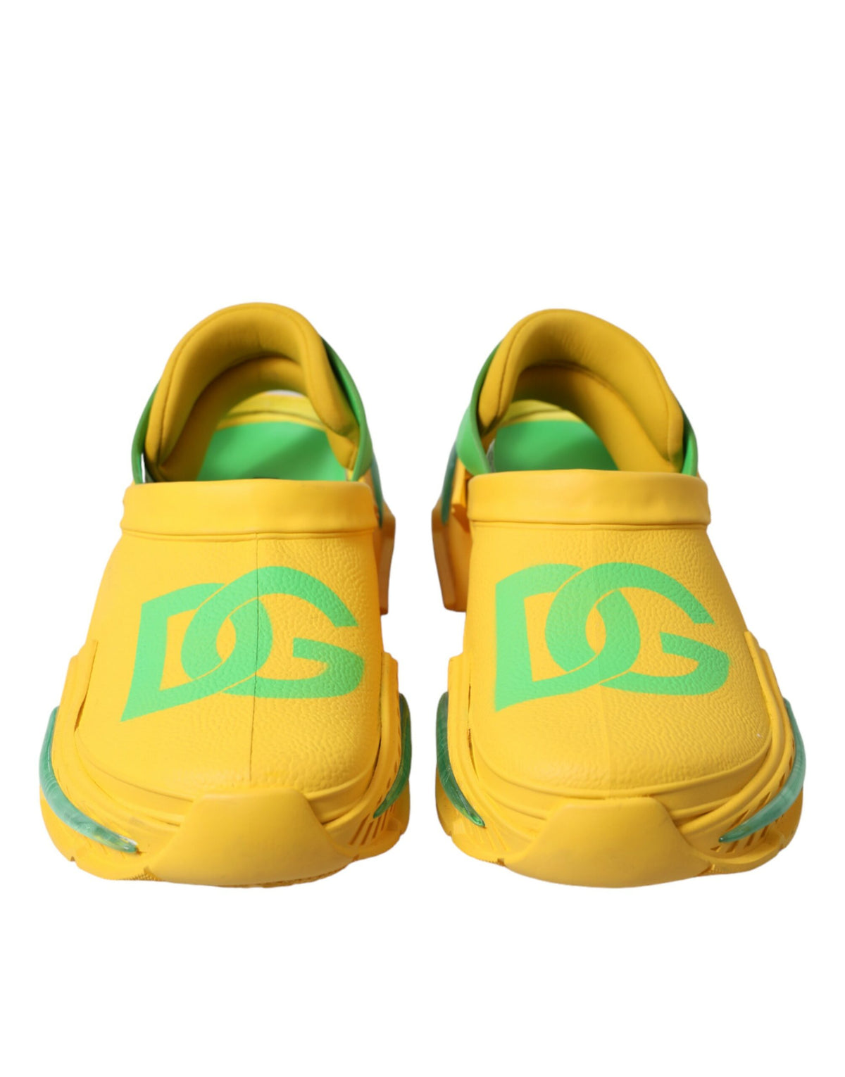 Yellow and green rubber clogs for men by Dolce & Gabbana, featuring slip-on slippers with a casual, comfortable design.