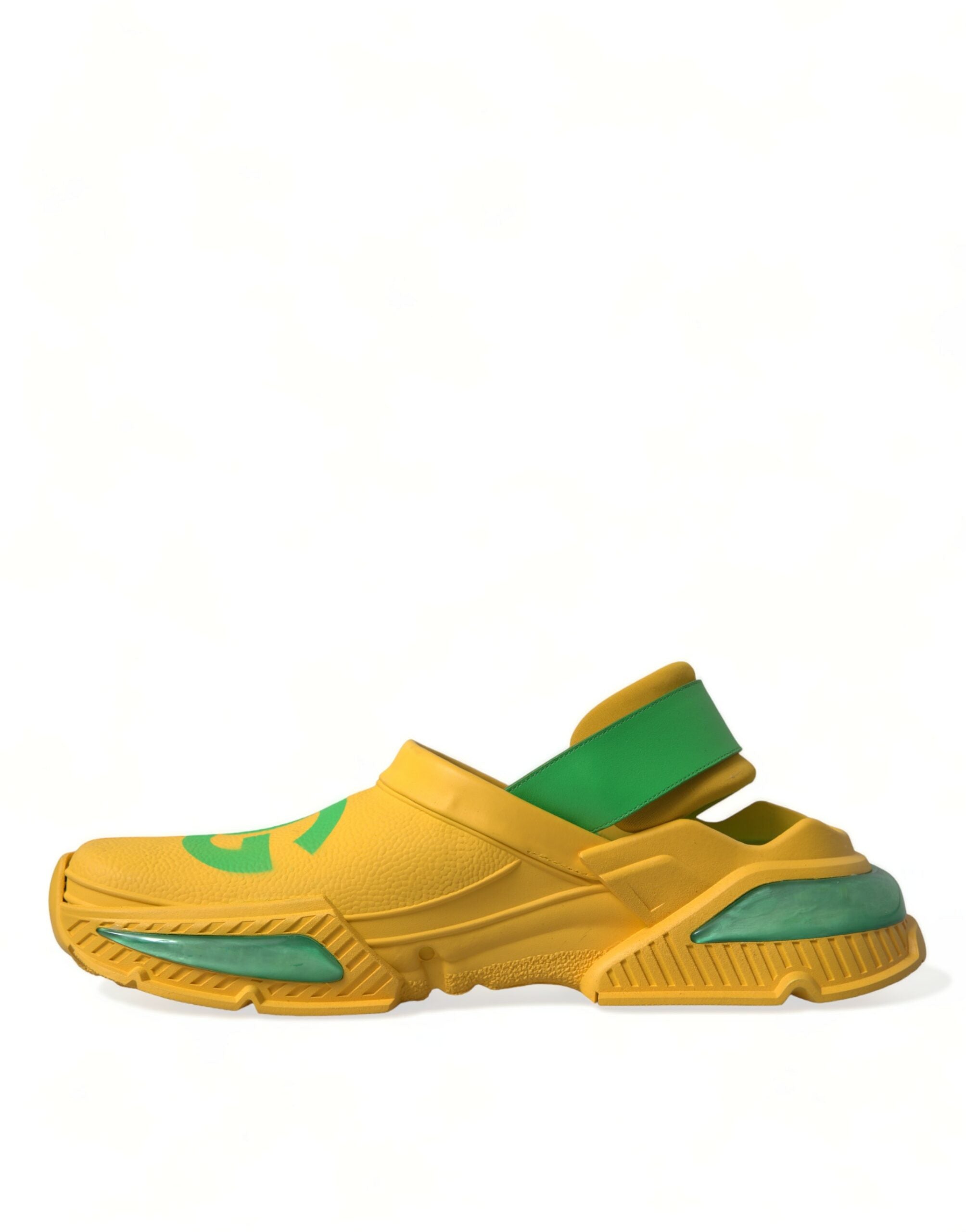 Yellow and green rubber clogs by Dolce & Gabbana, men's slip-on slippers with a vibrant color combination and casual design.
