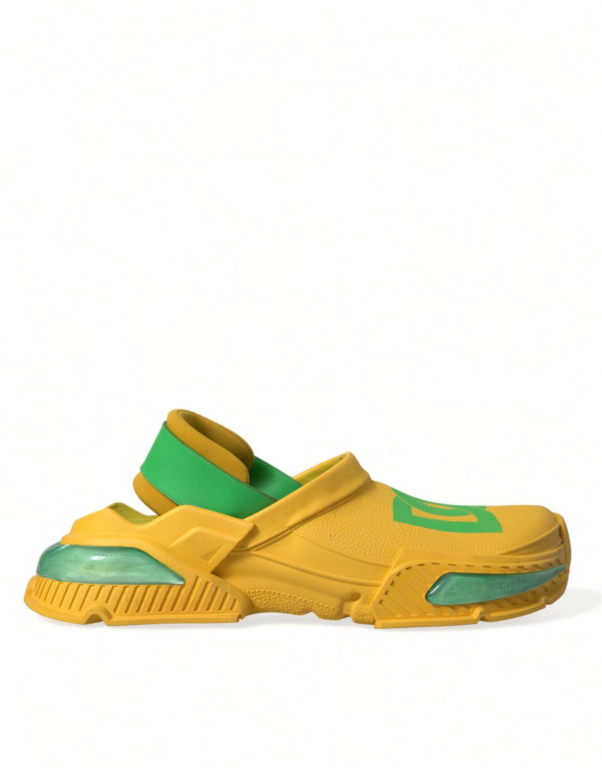 Yellow and green rubber clogs slippers for men by Dolce & Gabbana, featuring a casual slip-on design and durable material.