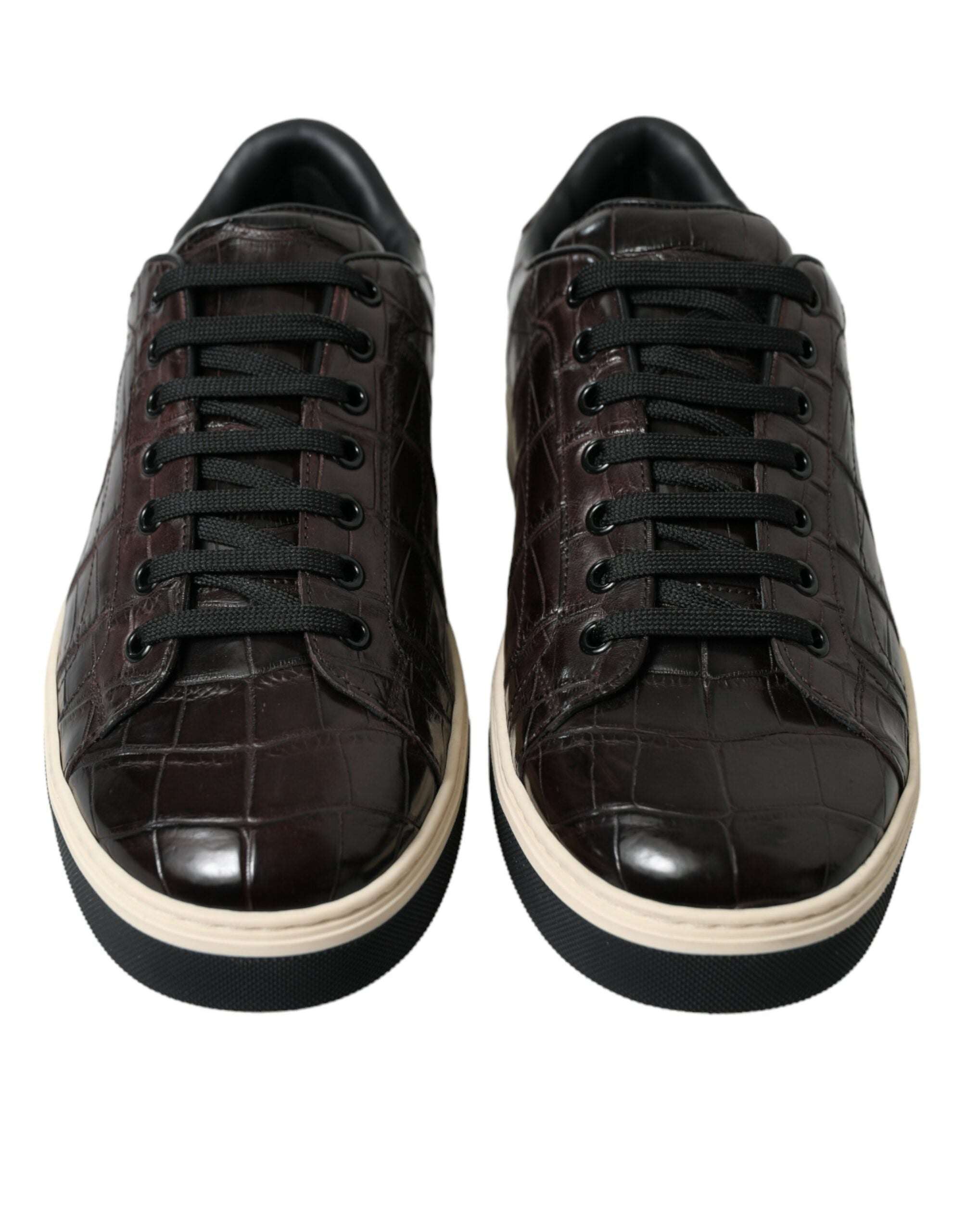 Brown croc-exotic leather men's casual sneakers by Dolce & Gabbana with stylish design and textured finish.