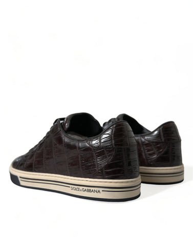 Brown croc exotic leather men's casual sneakers by Dolce & Gabbana with a sleek design and textured leather finish.