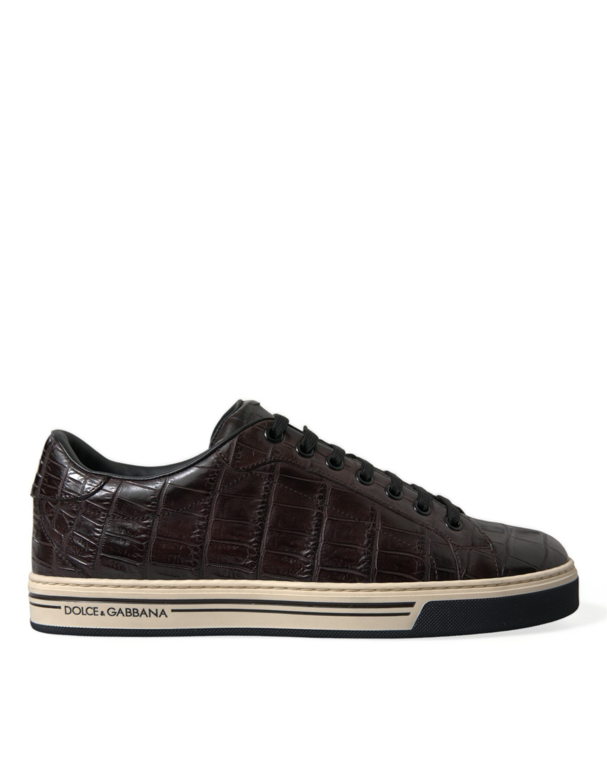 Brown croc-embossed leather men's casual sneakers by Dolce & Gabbana, featuring a stylish and comfortable sneaker design.