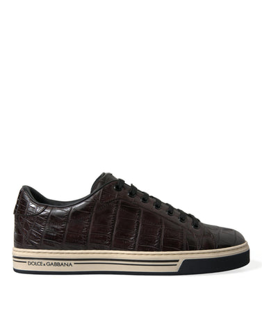 Brown croc-embossed leather men's casual sneakers by Dolce & Gabbana, featuring a stylish and comfortable sneaker design.