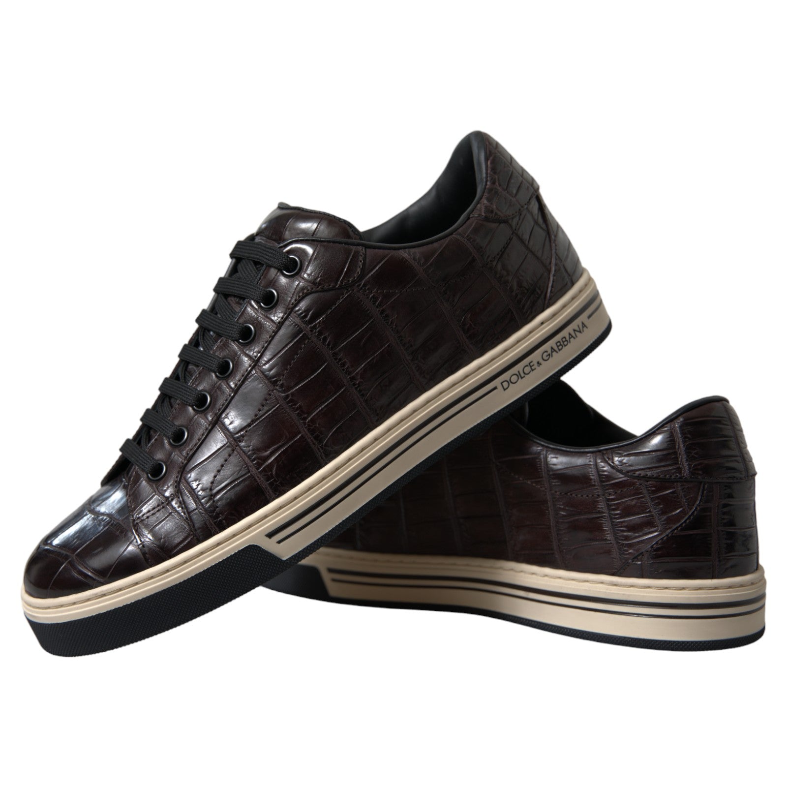 Brown croc exotic leather men's casual sneakers by Dolce & Gabbana, featuring a stylish and textured leather design.