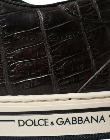 Brown croc exotic leather men’s casual sneakers by Dolce & Gabbana, featuring textured leather and stylish design.
