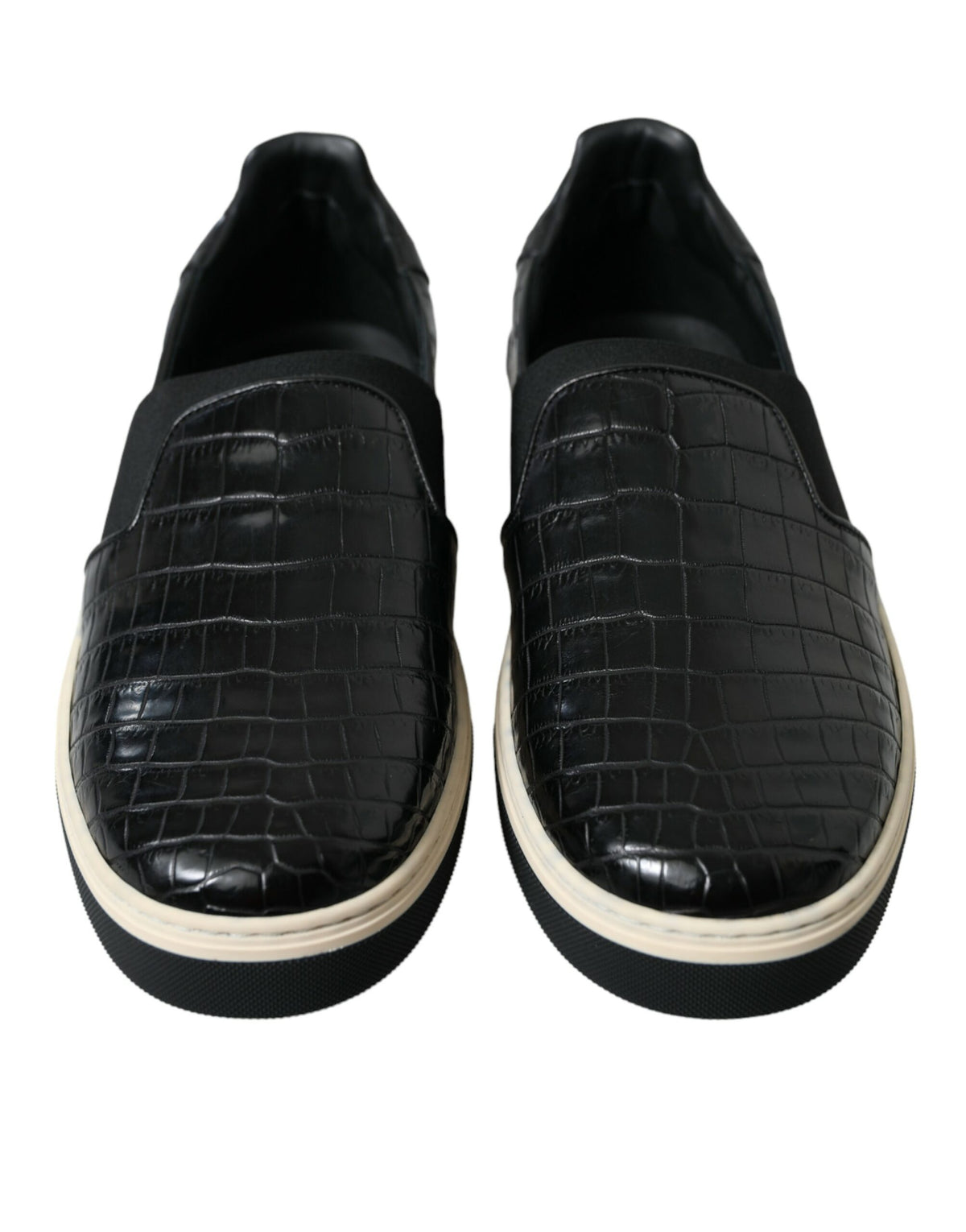 Black Croc exotic leather sneakers from Dolce & Gabbana featuring textured crocodile pattern and stylish lace-up design.
