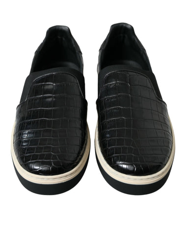 Black Croc exotic leather sneakers from Dolce & Gabbana featuring textured crocodile pattern and stylish lace-up design.
