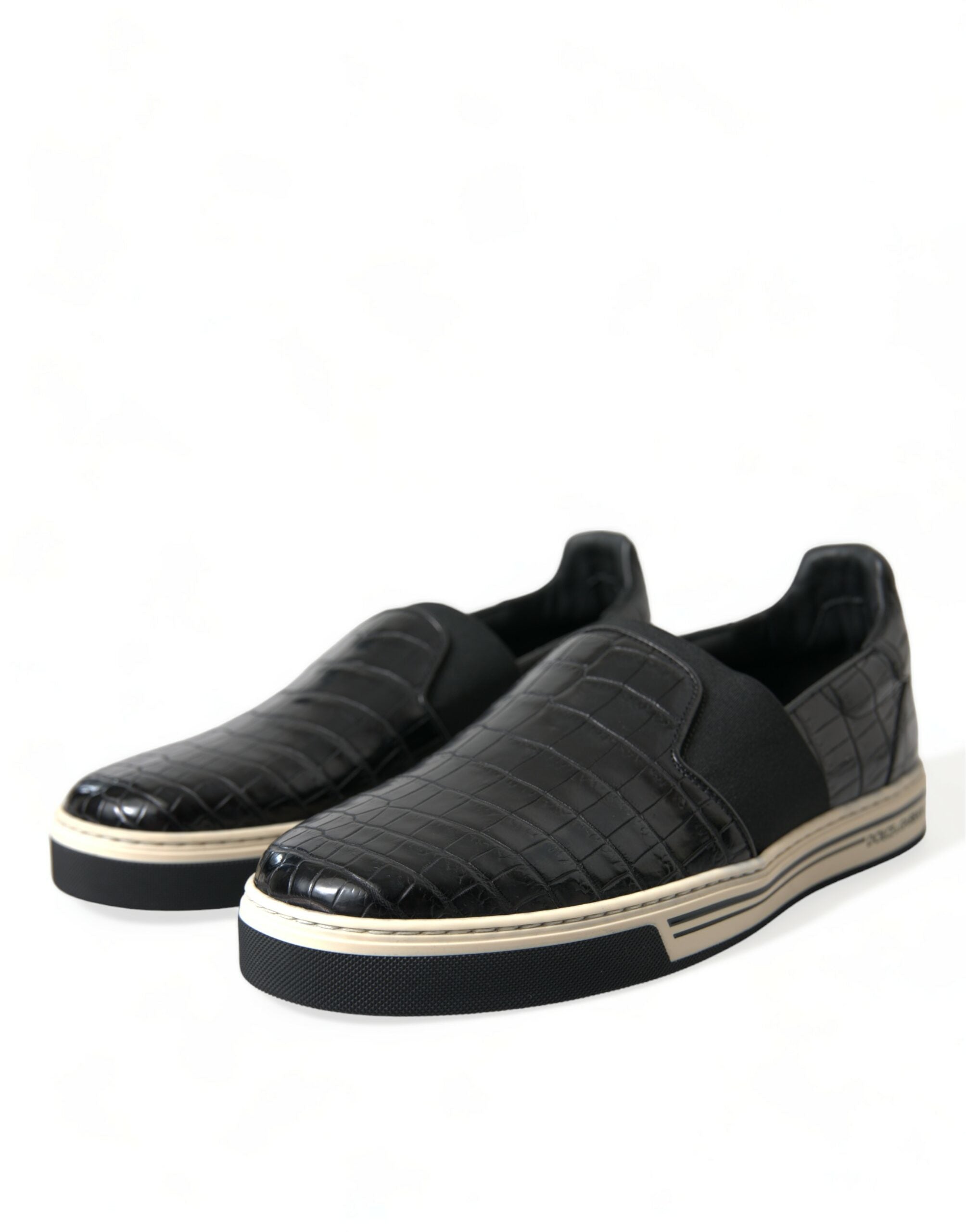 Black croc-embossed leather sneakers by Dolce & Gabbana, showcasing sleek design and textured exotic leather finish.