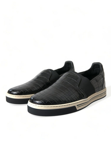 Black croc-embossed leather sneakers by Dolce & Gabbana, showcasing sleek design and textured exotic leather finish.