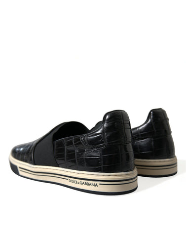 Black croc exotic leather sneakers by Dolce & Gabbana with sleek design and textured finish.