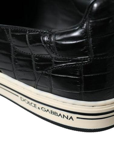 Black croc leather sneakers by Dolce & Gabbana with sleek design and textured exotic leather finish.