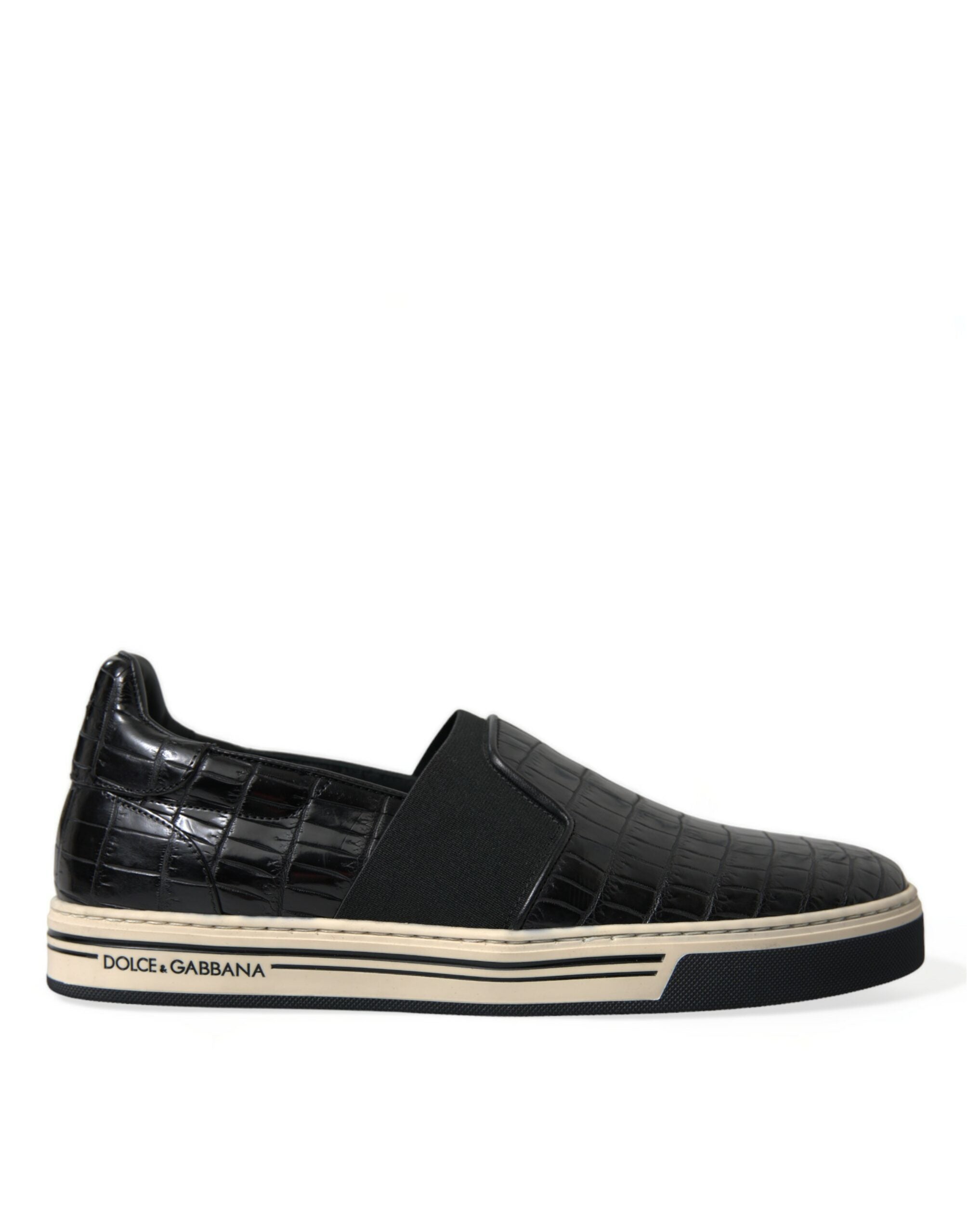 Dolce & Gabbana black croc exotic leather sneakers shoes with textured finish and stylish design.