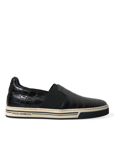 Dolce & Gabbana black croc exotic leather sneakers shoes with textured finish and stylish design.