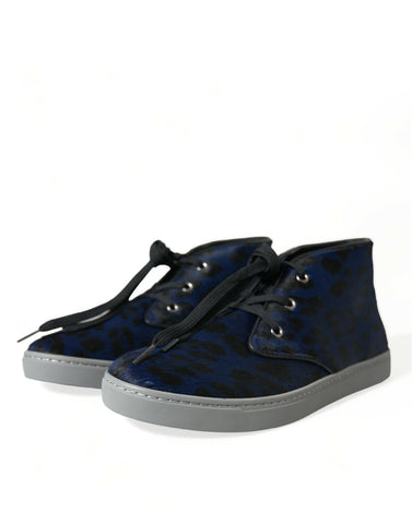 Blue calfskin leopard print mid-top sneakers by Dolce & Gabbana with white laces and stylish design.