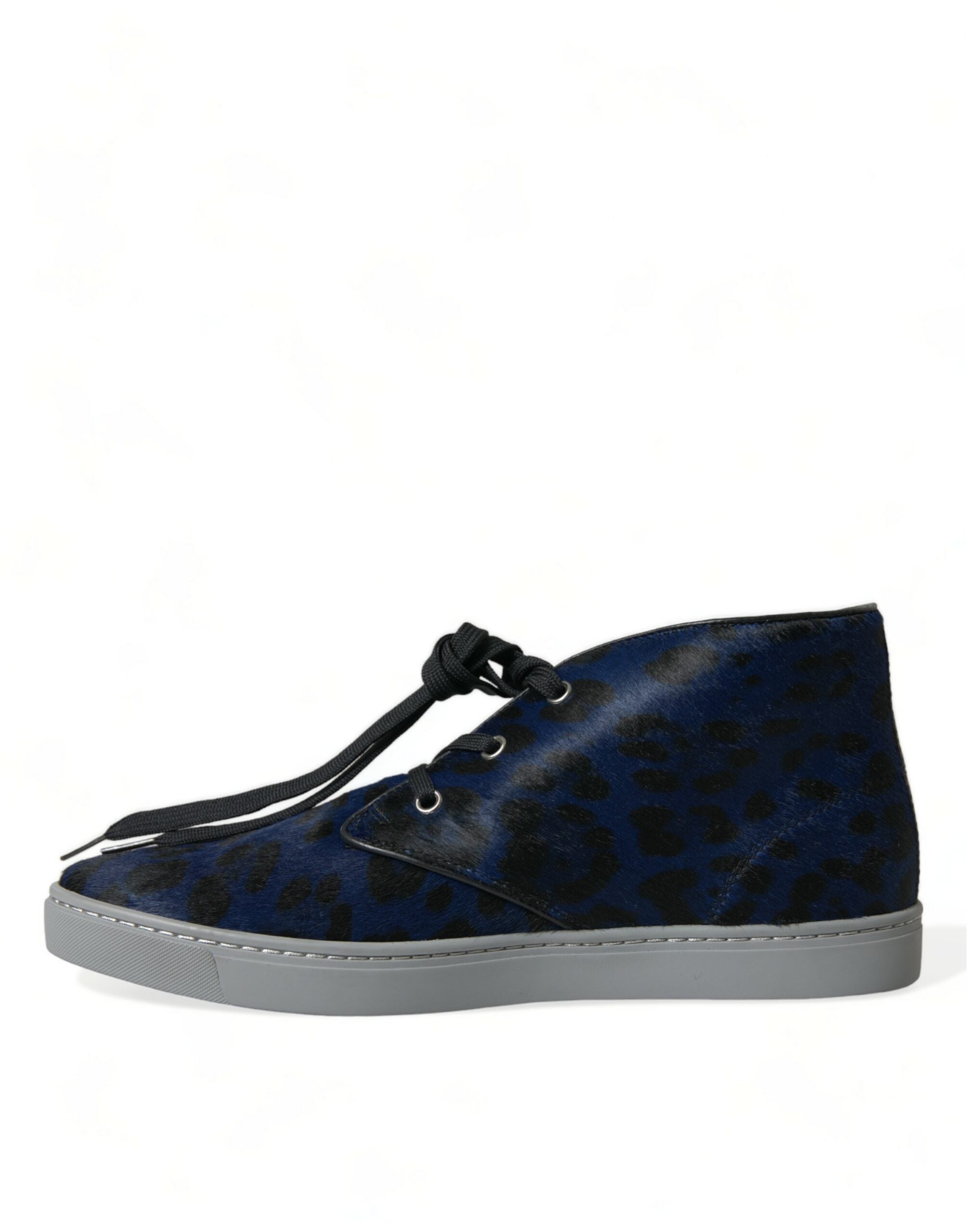 Blue calfskin leopard-print mid-top sneakers from Dolce & Gabbana featuring stylish laces and a sleek design.