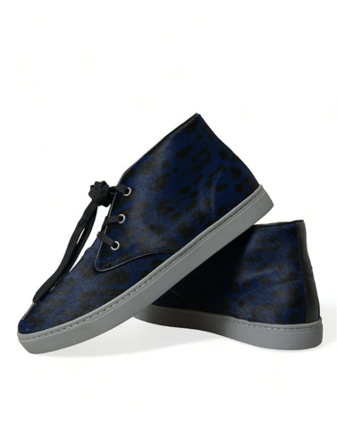Blue calfskin leopard print mid-top sneakers by Dolce & Gabbana featuring stylish laces and a sleek design.