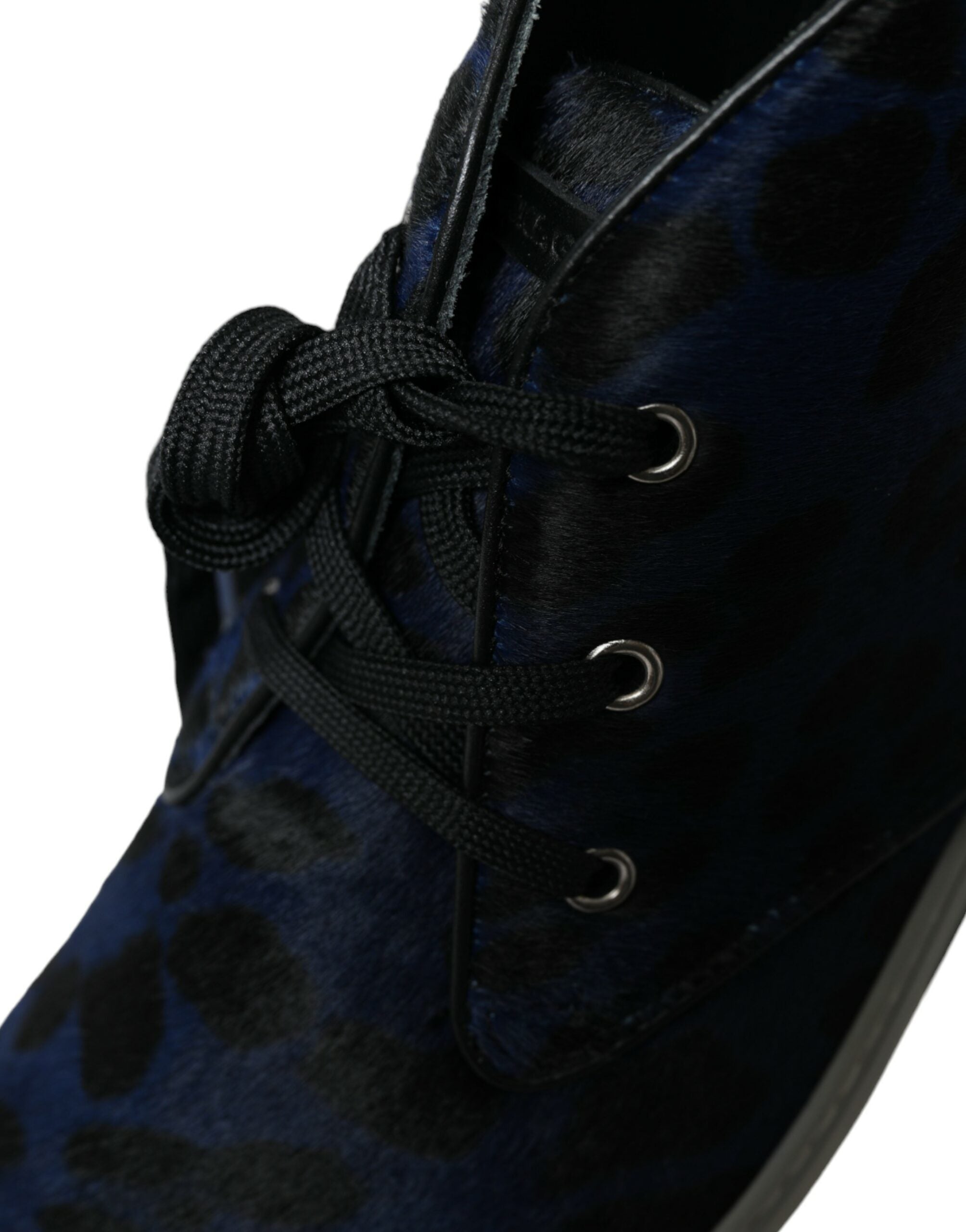 Blue calfskin leopard print mid-top sneakers by Dolce & Gabbana with white laces and stylish design.