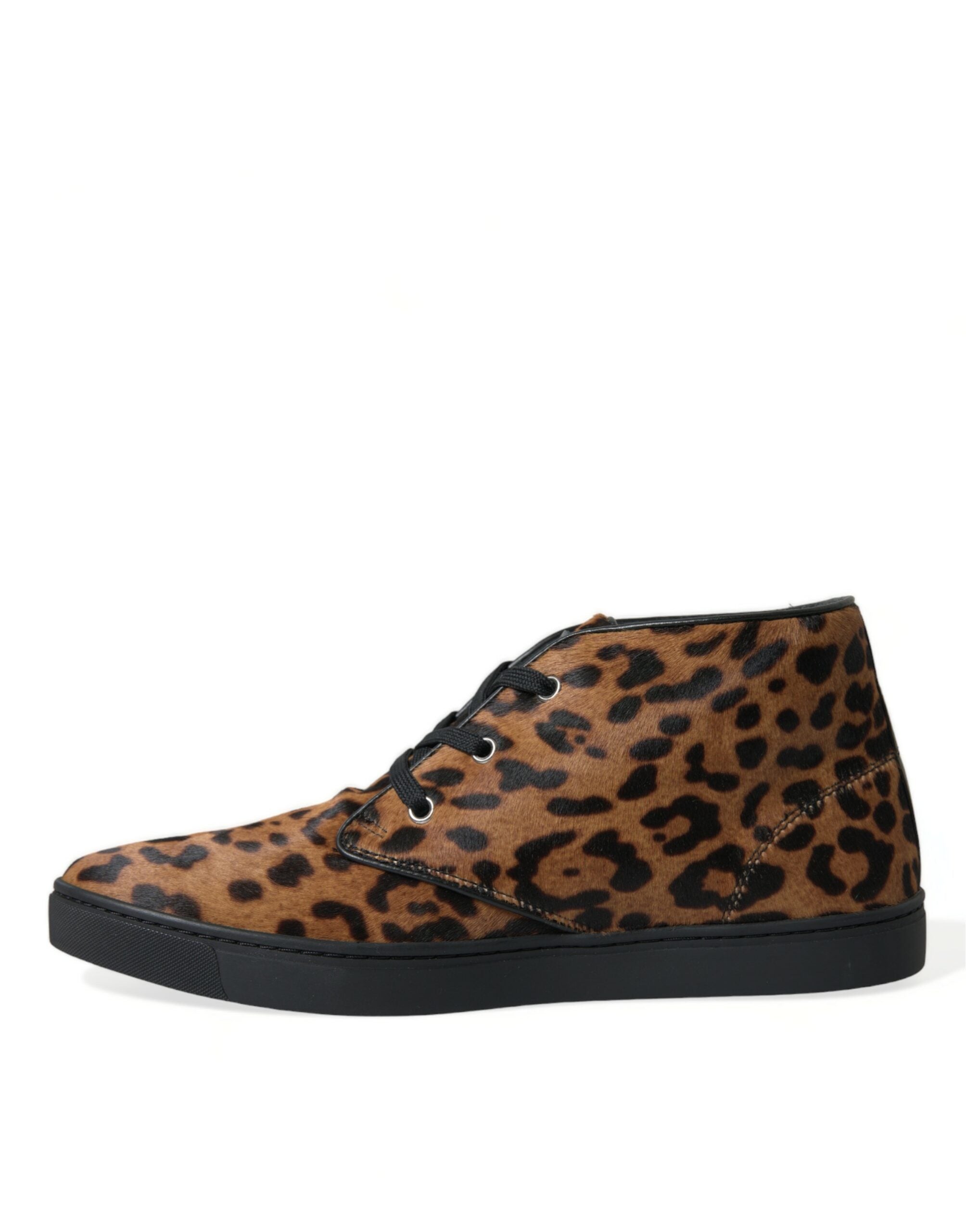 Brown leopard pony hair leather sneakers by Dolce & Gabbana featuring a stylish animal print and casual sneaker design.