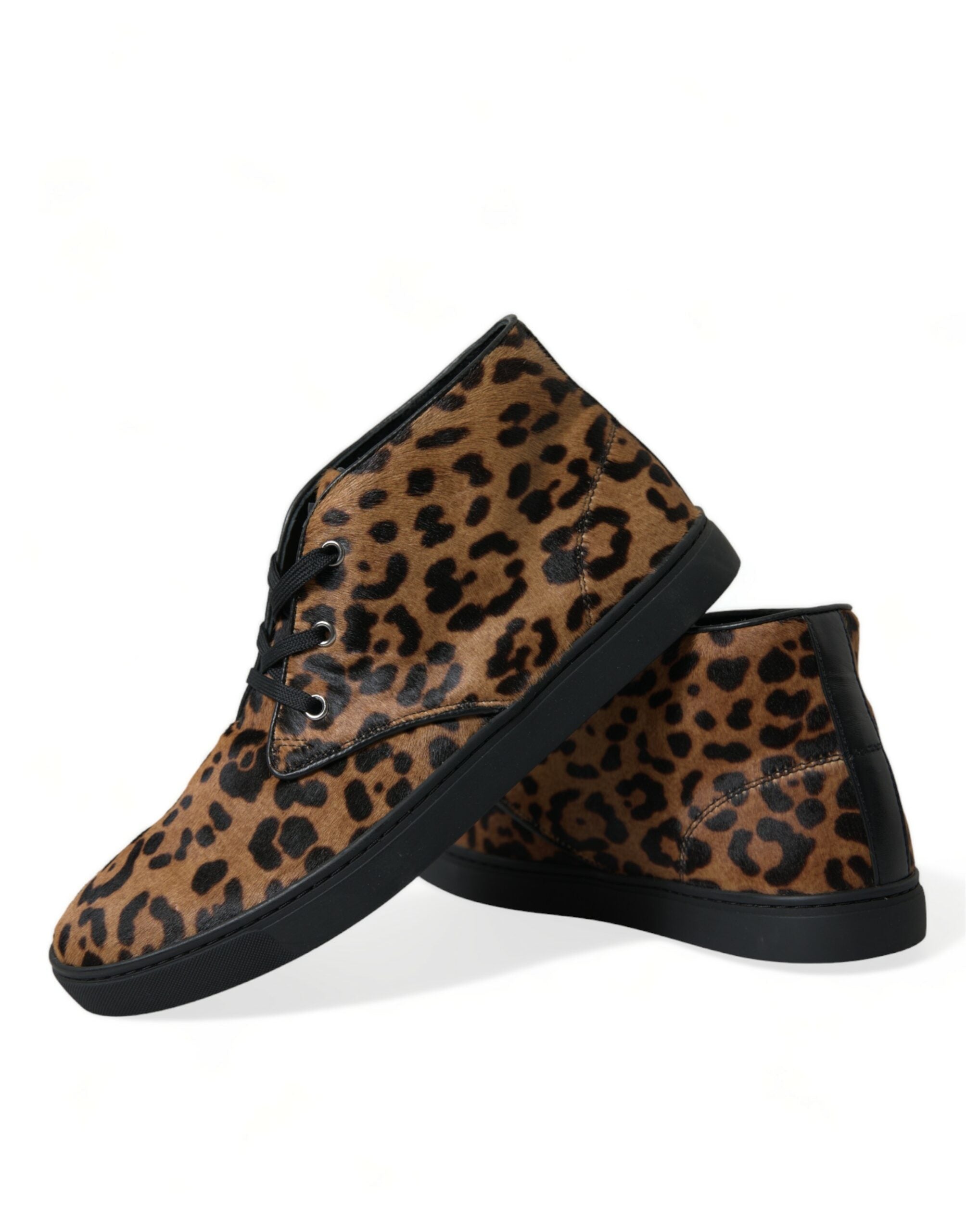 Brown leopard print pony hair leather sneakers by Dolce & Gabbana, featuring stylish design and comfortable fit.